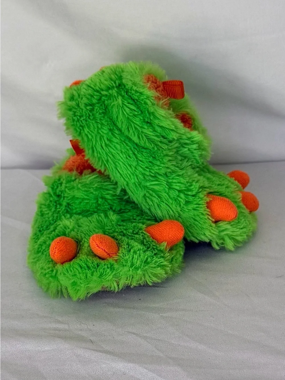 wonder nation Green Plush Monster Paw Slippers with Orange Toes